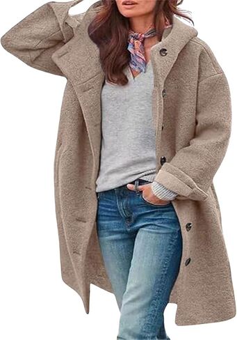 LoveImgs Woment Winter عرضية واحدة منفردة مقنعين سترة البازلاء معطف طويل من الصوف معطف معطف معطف in Kuwait