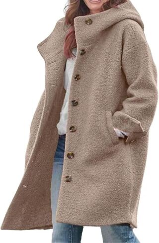 LoveImgs Woment Winter عرضية واحدة منفردة مقنعين سترة البازلاء معطف طويل من الصوف معطف معطف معطف in Kuwait