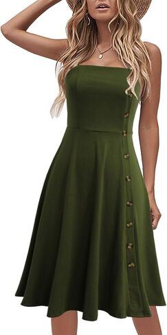 Women's Casual Summer Beach Flattering Flowy A-Line Spaghetti Straps Solid Cotton Button Down Midi Sundress in Saudi Arabia