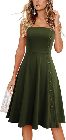 Women's Casual Summer Beach Flattering Flowy A-Line Spaghetti Straps Solid Cotton Button Down Midi Sundress in Saudi Arabia