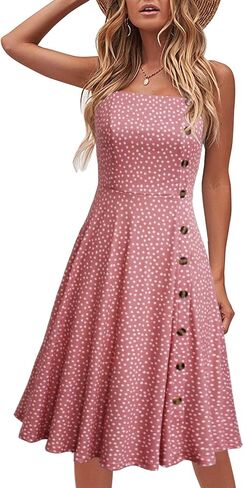 Women's Casual Summer Beach Flattering Flowy A-Line Spaghetti Straps Solid Cotton Button Down Midi Sundress in Saudi Arabia