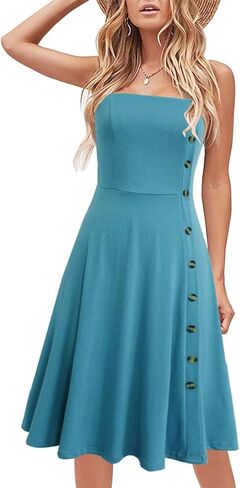 Women's Casual Summer Beach Flattering Flowy A-Line Spaghetti Straps Solid Cotton Button Down Midi Sundress in Saudi Arabia
