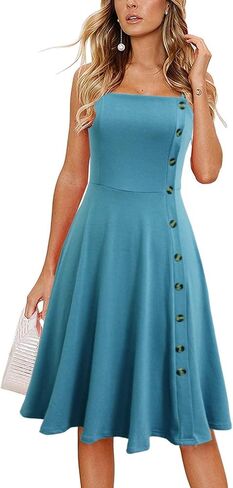 Women's Casual Summer Beach Flattering Flowy A-Line Spaghetti Straps Solid Cotton Button Down Midi Sundress in Saudi Arabia