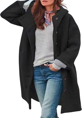 LoveImgs Woment Winter عرضية واحدة منفردة مقنعين سترة البازلاء معطف طويل من الصوف معطف معطف معطف in Kuwait