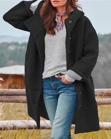 LoveImgs Woment Winter عرضية واحدة منفردة مقنعين سترة البازلاء معطف طويل من الصوف معطف معطف معطف in Kuwait