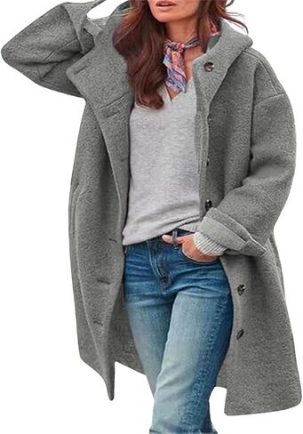 LoveImgs Woment Winter عرضية واحدة منفردة مقنعين سترة البازلاء معطف طويل من الصوف معطف معطف معطف in Kuwait