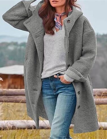 LoveImgs Woment Winter عرضية واحدة منفردة مقنعين سترة البازلاء معطف طويل من الصوف معطف معطف معطف in Kuwait