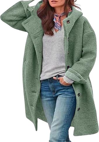 LoveImgs Woment Winter عرضية واحدة منفردة مقنعين سترة البازلاء معطف طويل من الصوف معطف معطف معطف in Kuwait
