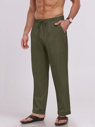 Puimentiua رجالي السراويل البياضات مرنة الخصر الرباط فضفاضة نسب السراويل الشاطئ الصيفية غير الرسمية مع بنطلون فضفاض الجيوب in Kuwait