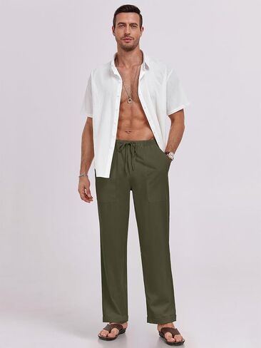 Puimentiua رجالي السراويل البياضات مرنة الخصر الرباط فضفاضة نسب السراويل الشاطئ الصيفية غير الرسمية مع بنطلون فضفاض الجيوب in Kuwait