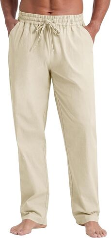 Nitagut Mens Linen Pants عرضية خصر مرنة الخصر خفيفة الوزن بنطلون شاطئ الصيف مع جيوب in Saudi Arabia