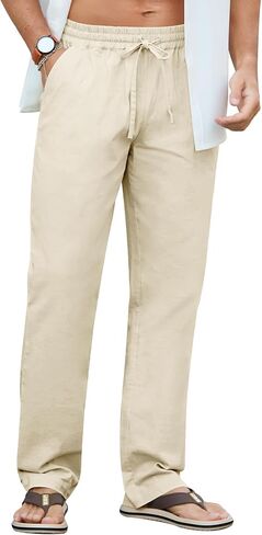 Nitagut Mens Linen Pants عرضية خصر مرنة الخصر خفيفة الوزن بنطلون شاطئ الصيف مع جيوب in Saudi Arabia