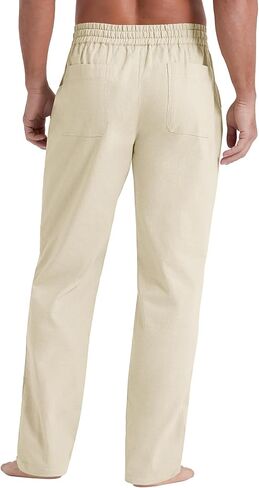 Nitagut Mens Linen Pants عرضية خصر مرنة الخصر خفيفة الوزن بنطلون شاطئ الصيف مع جيوب in Saudi Arabia