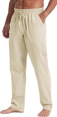 Nitagut Mens Linen Pants عرضية خصر مرنة الخصر خفيفة الوزن بنطلون شاطئ الصيف مع جيوب in Saudi Arabia