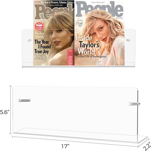 HBlife 17 Inch 2 Pack Clear Acrylic Magazine Holder, Wall Mounted Floating Bookshelf, Brochure Display Rack for Office, Living Room, Waiting Room, Nursery, Home Storage in Saudi Arabia