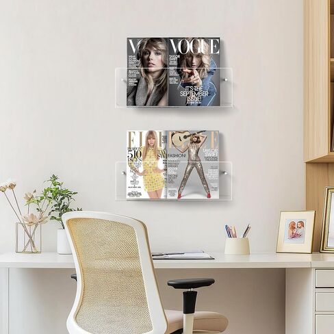 HBlife 17 Inch 2 Pack Clear Acrylic Magazine Holder, Wall Mounted Floating Bookshelf, Brochure Display Rack for Office, Living Room, Waiting Room, Nursery, Home Storage in Saudi Arabia