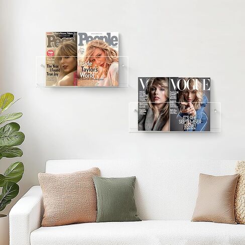 HBlife 17 Inch 2 Pack Clear Acrylic Magazine Holder, Wall Mounted Floating Bookshelf, Brochure Display Rack for Office, Living Room, Waiting Room, Nursery, Home Storage in Saudi Arabia
