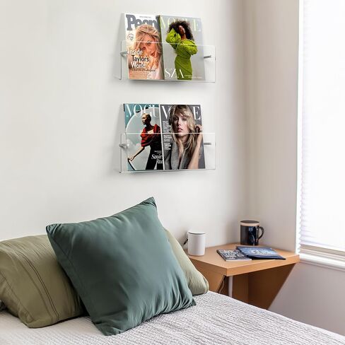 HBlife 17 Inch 2 Pack Clear Acrylic Magazine Holder, Wall Mounted Floating Bookshelf, Brochure Display Rack for Office, Living Room, Waiting Room, Nursery, Home Storage in Saudi Arabia