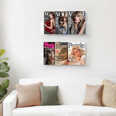 HBlife 17 Inch 2 Pack Clear Acrylic Magazine Holder, Wall Mounted Floating Bookshelf, Brochure Display Rack for Office, Living Room, Waiting Room, Nursery, Home Storage in Saudi Arabia