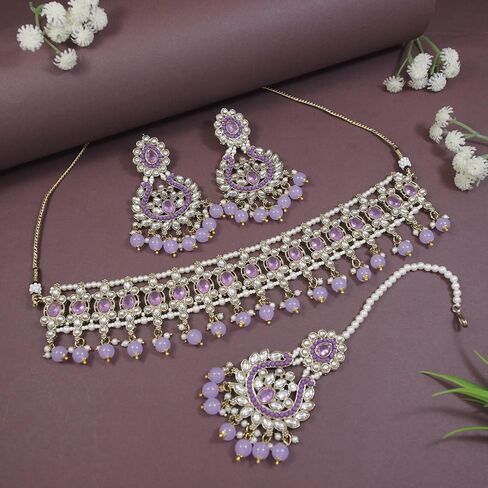 I Jewels Gold Plated Indian Wedding Bollywood Kundan Pearl Drop Choker Necklace Jewellery With Earrings & Maang Tikka Set For Women (K7276) in Saudi Arabia
