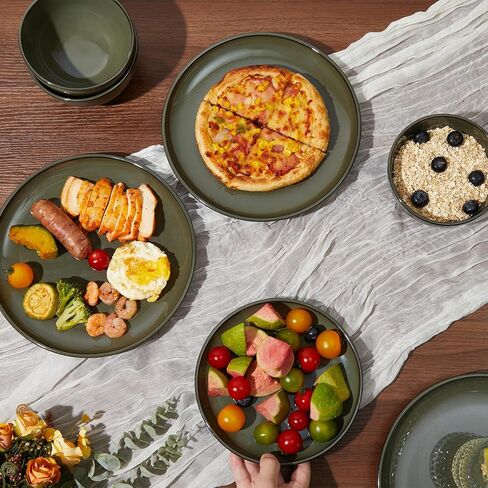 مجموعة أواني طعام من الخزف الحجري باللون الأخضر المتدرج، طقم أطباق وأوعية زجاجية تفاعلية مكون من 12 قطعة، مجموعة أطباق مستديرة مصنوعة يدويًا لـ 4 أشخاص، مجموعة أطباق حديثة مقاومة للتشققات والتشققات in Kuwait