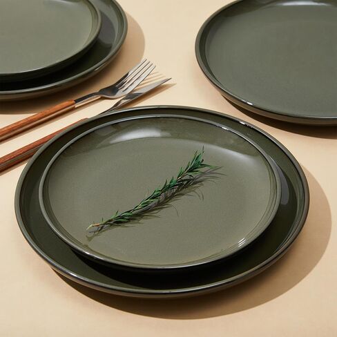 مجموعة أواني طعام من الخزف الحجري باللون الأخضر المتدرج، طقم أطباق وأوعية زجاجية تفاعلية مكون من 12 قطعة، مجموعة أطباق مستديرة مصنوعة يدويًا لـ 4 أشخاص، مجموعة أطباق حديثة مقاومة للتشققات والتشققات in Kuwait