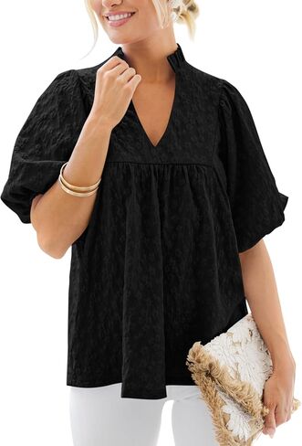 MASCOMODA Womens Summer Tops 2025 Ruffle V Neck Blouses Loose Puff Short Sleeve Jacquard Babydoll Tops Casual Dressy T-Shirts in Saudi Arabia