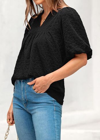 MASCOMODA Womens Summer Tops 2025 Ruffle V Neck Blouses Loose Puff Short Sleeve Jacquard Babydoll Tops Casual Dressy T-Shirts in Saudi Arabia