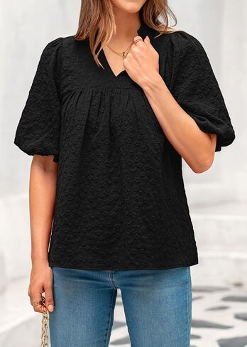 MASCOMODA Womens Summer Tops 2025 Ruffle V Neck Blouses Loose Puff Short Sleeve Jacquard Babydoll Tops Casual Dressy T-Shirts in Saudi Arabia