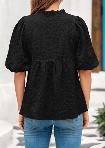 MASCOMODA Womens Summer Tops 2025 Ruffle V Neck Blouses Loose Puff Short Sleeve Jacquard Babydoll Tops Casual Dressy T-Shirts in Saudi Arabia