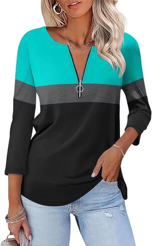 ORANDESIGNE Women’s 3/4 Length Sleeve Tops Summer Color Block Zipper T Shirts Casual Ladies Tees in Saudi Arabia