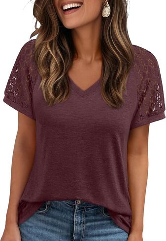 AUTOMET Womens Summer Short Sleeve T Shirt 2025 V Neck Tops Spring Vacation Lace Blouses Dressy Casual Fashion Clothes in Saudi Arabia