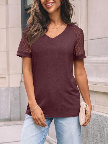 AUTOMET Womens Summer Short Sleeve T Shirt 2025 V Neck Tops Spring Vacation Lace Blouses Dressy Casual Fashion Clothes in Saudi Arabia