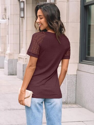 AUTOMET Womens Summer Short Sleeve T Shirt 2025 V Neck Tops Spring Vacation Lace Blouses Dressy Casual Fashion Clothes in Saudi Arabia