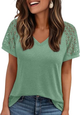 AUTOMET Womens Summer Short Sleeve T Shirt 2025 V Neck Tops Spring Vacation Lace Blouses Dressy Casual Fashion Clothes in Saudi Arabia
