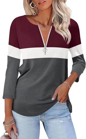 ORANDESIGNE Women’s 3/4 Length Sleeve Tops Summer Color Block Zipper T Shirts Casual Ladies Tees in Saudi Arabia