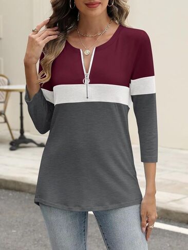 ORANDESIGNE Women’s 3/4 Length Sleeve Tops Summer Color Block Zipper T Shirts Casual Ladies Tees in Saudi Arabia