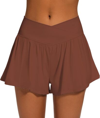 Womens Crossover Athletic Shorts Wide Waistband Flowy Tennis Sports Skorts with Pockets in Kuwait