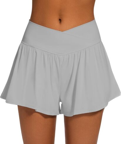 Womens Crossover Athletic Shorts Wide Waistband Flowy Tennis Sports Skorts with Pockets in Kuwait