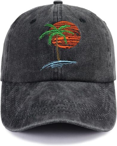 Summer Beach Sun Hat for Men Women, Tropical Themed Embroidered Adjustable Baseball Cap with Palm Tree and Sunset Design in Saudi Arabia