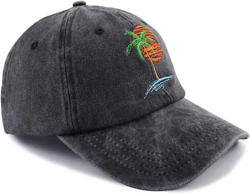 Summer Beach Sun Hat for Men Women, Tropical Themed Embroidered Adjustable Baseball Cap with Palm Tree and Sunset Design in Saudi Arabia