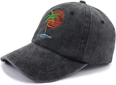 Summer Beach Sun Hat for Men Women, Tropical Themed Embroidered Adjustable Baseball Cap with Palm Tree and Sunset Design in Saudi Arabia
