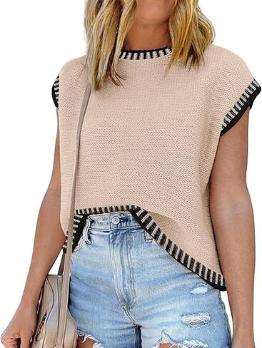 Women's Oversized Lightweight Cute Cap Sleeve Sweater Vest Spring 2025 Trendy Contrast Color Crewneck Thin Knit Top in Kuwait