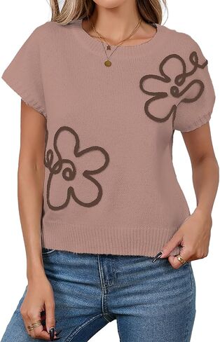 Womens Cute Flower Cap Sleeve Sweater Vest Spring 2025 Lightweight Ribbed Knit Crewneck Knit Top in Kuwait