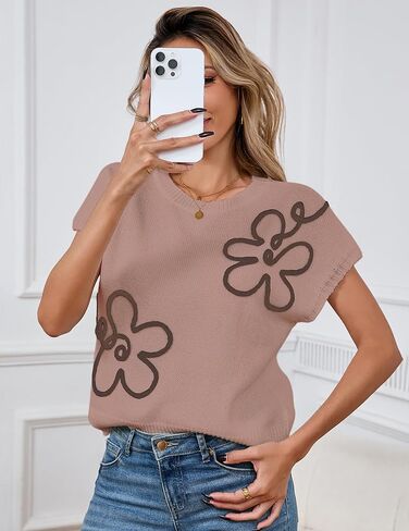 Womens Cute Flower Cap Sleeve Sweater Vest Spring 2025 Lightweight Ribbed Knit Crewneck Knit Top in Kuwait