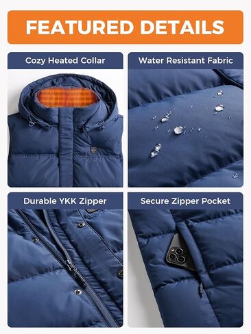 ORORO Men's Heated Down Vest with Detachable Hood, 4 Heat Zones, Blue, One Size in Saudi Arabia