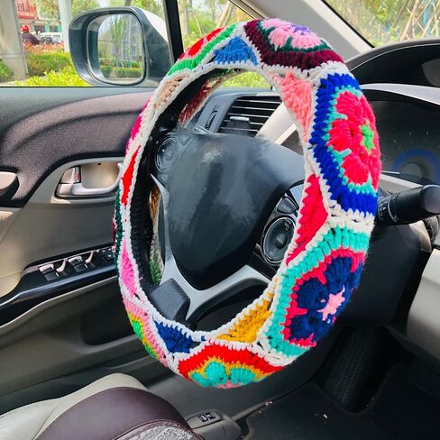 Handmade Crochet Steering Wheel Cover Colorful Gesang Flower Seat Belt Cover Car Interior Accessories Decorations. (Steering Wheel Cover) in Kuwait