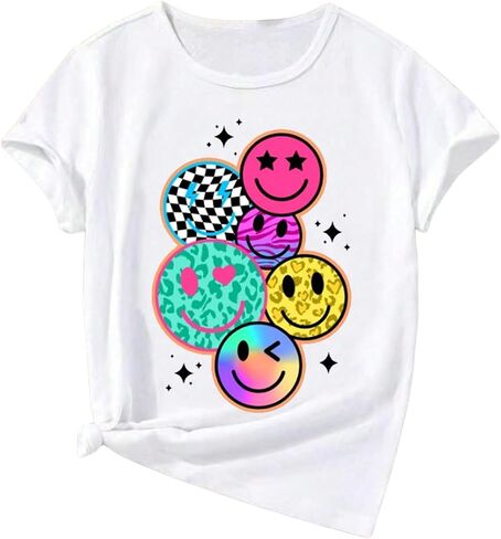 Floerns Girl's Smiling Face Graphic Crew Neck T Shirt Short Sleeve Casual Cute Tee Top in Saudi Arabia