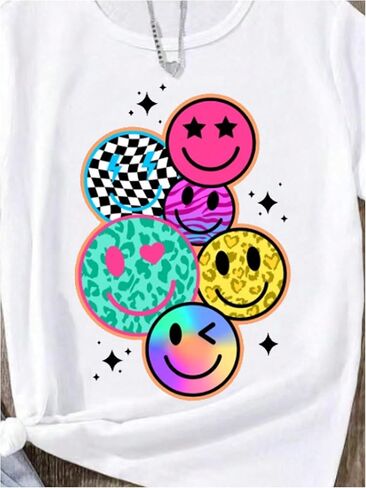 Floerns Girl's Smiling Face Graphic Crew Neck T Shirt Short Sleeve Casual Cute Tee Top in Saudi Arabia