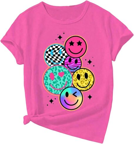 Floerns Girl's Smiling Face Graphic Crew Neck T Shirt Short Sleeve Casual Cute Tee Top in Saudi Arabia